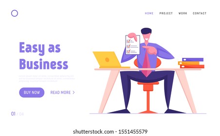 Business Contract Signing Website Landing Page. Business Man Holding Finance or Law Paper Document with Check Marks. Businessman or Lawyer Occupation Web Page Banner. Cartoon Flat Vector Illustration