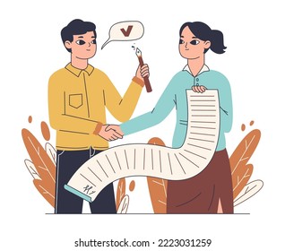 Business contract singing, people sign official paper. Deal arrangement documents signing, electronic signature flat vector illustration. People signing contract