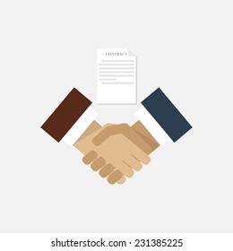 Business contracts and handshake icon. Flat style design