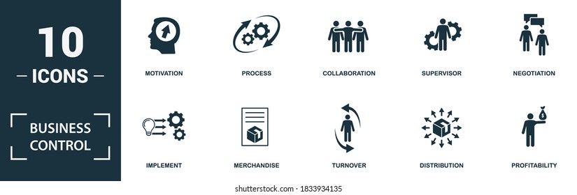 Business Control icon set. Collection of simple elements such as the motivation, process, collaboration, supervisor. Business Control theme signs.