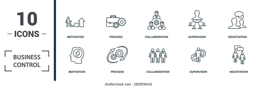 Business Control icon set. Collection of simple elements such as the motivation, process, collaboration, supervisor. Business Control theme signs.