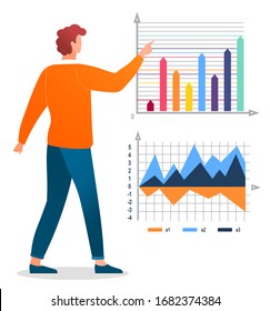 Business control and research of graph report on celled scheme. Back view of worker man character standing near chart icons isolated on white. Professional finance control by employee vector