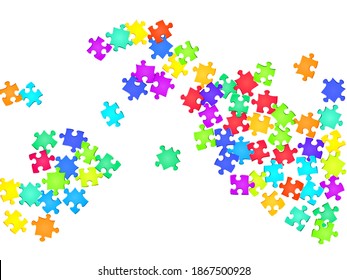 Business conundrum jigsaw puzzle rainbow colors pieces vector background. Scatter of puzzle pieces isolated on white. Challenge abstract concept. Jigsaw gradient plugins.