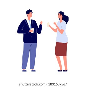 Business conversation. Businesspeople talking, man woman holding eco mugs. Manager on lunch or coffee break, isolated flat office workers vector characters