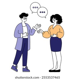 Business conversation concept. Two professionals engaging in a friendly discussion with speech bubbles. Corporate communication and networking. Vector illustration.