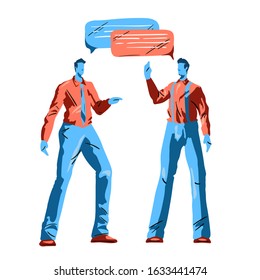 Business conversation, corporate meeting. Collegues have a conversation. Teamwork or team building in office. Cartoon flat style. 