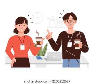 Business conversation illustration. A male office worker and a female office worker are drinking coffee and talking during a break.