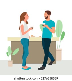 Business conversation illustration. A male office worker and a female office worker are drinking coffee and talking during a break. Coffee take away