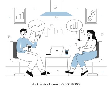 Business conversation line concept. Man and woman sit at table and discuss partnership. Collaboration and cooperation. Analyst advises entrepreneur. Linear flat vector illustration