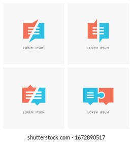 Business conversation logo set. Communication or chat and jigsaw puzzle symbol - dialogue and discussion, teamwork and cooperation, agreement and deal icons.