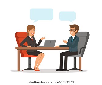 Business conversation. Man and woman at the table. Vector concept picture in cartoon style