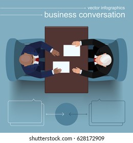 Business conversation at the negotiating table. A black businessman exchanges 'start up' documents with an elderly commercial partner and makes a beneficial offer. Top view. Flat style infographics.