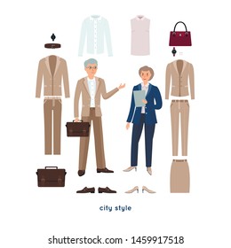 Business conversation. Vector set of clothes for elderly man and woman: shirt, jacket, skirt, pants, shoes, bag, wrist watch. City style. Professional wardrobe for management. 