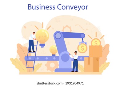 Concepto de transportador de negocios. Idea de desarrollo y coordinación de empresas. Planificación, optimización y racionalización de proyectos empresariales. Eficaz trabajo en equipo. Ilustración vectorial plana aislada
