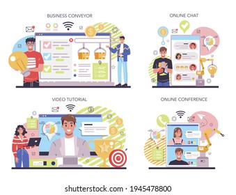 Business conveyor online service or platform set. Business development