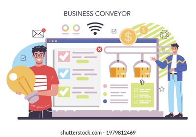 Business conveyor online service or platform. Business development and coordination. Business project planning, optimization. Flat vector illustration