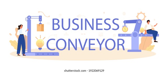 Business conveyor typographic header. Idea of business development and coordination. Business project planning, optimization and streamlining. Effective team work. Flat vector illustration