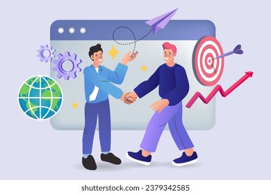 Business cooperation from around the world. Men sell goods around world. International business relationships. International deal, global business. Business contact worldwide. 
