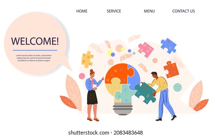 Cooperación empresarial, colaboración y concepto eficiente de trabajo en equipo de banner de sitio web, ilustración vectorial plana. Creación de equipos y tema de asociación empresarial de la página de presentación o banner web.