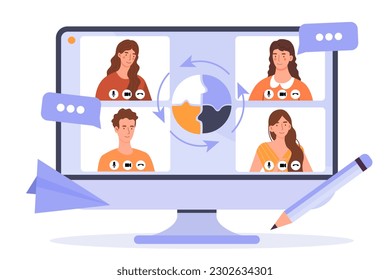Business cooperation concept. Avatars of men and women on computer screen. Video call and conference, remote employees and workers. Collaboration and cooperation. Cartoon flat vector illustration
