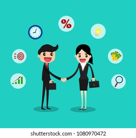 business cooperation concept. businessman shaking hand business woman with creative icon. vector illustration.
