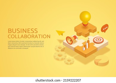 Business cooperation concept, puzzle, light bulb, megaphone, graph, dartboard, communication on yellow background. 3D isometric vector illustration.