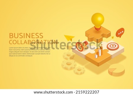 Business cooperation concept, puzzle, light bulb, megaphone, graph, dartboard, communication on yellow background. 3D isometric vector illustration.