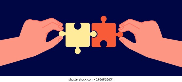 Business cooperation concept. Symbol connecting, puzzle pieces in two hands. Partnership collaboration teams, businessman partners utter vector metaphor