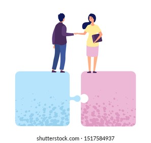 Business cooperation concept. Vector flat businessman and businesswoman shake hands