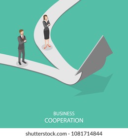 Business cooperation flat isometric vector concept. Business ways of two entrepreneurs are merging together to a new one and further it goes up.