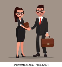 Business cooperation. Handshake of two business partners. Vector illustration of a flat design