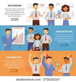 Business cooperation horizontal banner set with discussion presentation and office celebration flat elements isolated vector illustration
