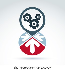 Business and cooperation icon with gears cogs and arrows, vector conceptual unusual symbol for your design.