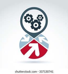 Business and cooperation icon with gears cogs and arrows, vector conceptual unusual symbol for your design.