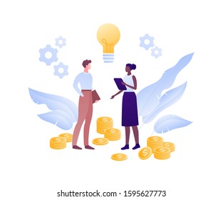 Business cooperation idea brainstorm concept. Vector flat person illustration. Afro businesswoman and man standing with lightbulb sign. Design element for banner, poster, web background, infographic