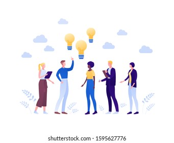 Business cooperation idea brainstorm concept. Vector flat person illustration. People team of man and woman standing with lightbulb sign. Design element for banner, poster, web background, infographic