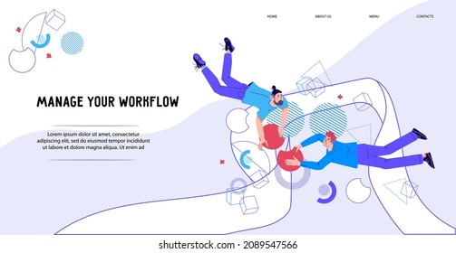 Business-Kooperation und Interaktionskonzept der Web-Seite mit Menschen fliegen und mit Graphen und Diagrammen interagieren. Business Management und Workflow Prozess, flache Cartoon Vektorgrafik.