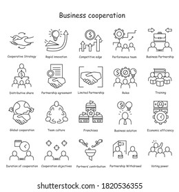 Business cooperation line icons set. Elements of business relationships. Business partnership. Teamwork. Business technologies and relations concept. Isolated vector illustrations. Editable stroke 