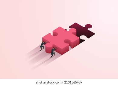 Business cooperation of Business man and women pushing jigsaws to connect to a large gap.  isometric vector illustration.
