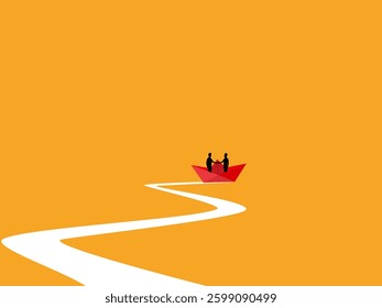 Business cooperation, merger, two businessmen join hands on the same boat
