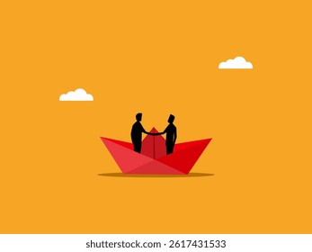 Business cooperation, merger, two businessmen join hands on the same boat