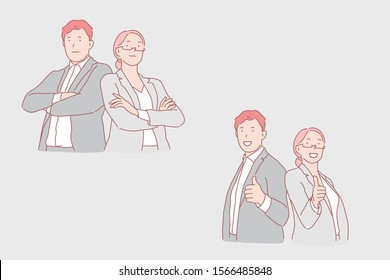 Business cooperation, partnership, harmonious work concept. Smiling businessman and businesswoman, business partners keeping thumbs up, company staff collaboration. Simple flat vector