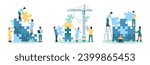 Business cooperation and partnership set vector illustration. Cartoon tiny people build puzzles tower from pieces, effective team building with construction crane and teamwork to make new project