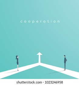 Business cooperation and partnership vector concept. Woman and man working together for common goal. Symbol of equality, collaboration, connection. Eps10 vector illustration.