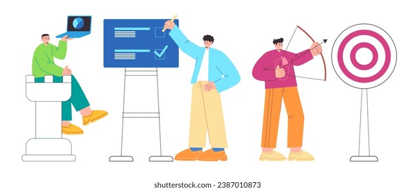 Business cooperation pose set collection presentation archery target strategy chess casual style colorful flat illustration