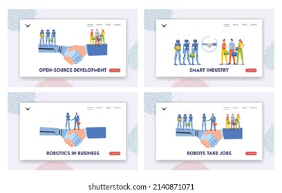 Business Cooperation with Robots Landing Page Template. Human and Cyborg Team Characters Handshake, Successful Deal, Robotics and Artificial Intelligence Technology. Cartoon People Vector Illustration