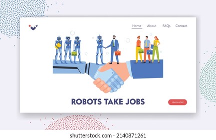 Business Cooperation with Robots Landing Page Template. Human and Cyborg Team Characters Handshake, Successful Deal, Robotics and Artificial Intelligence Technology. Cartoon People Vector Illustration