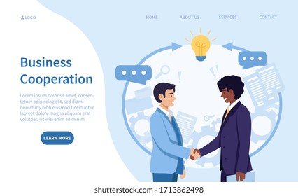 Business cooperation and teamwork concept with a Caucasian and Black businessmen shaking hands on an agreement or partnership with speech bubbles, colored vector illustration with copy space