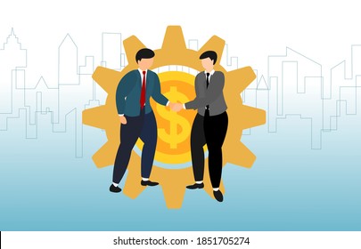 Business cooperation and teamwork concept  shaking hands on an agreement or partnership with gear engineering industry ,dollar money, building city form ,colored  illustration.