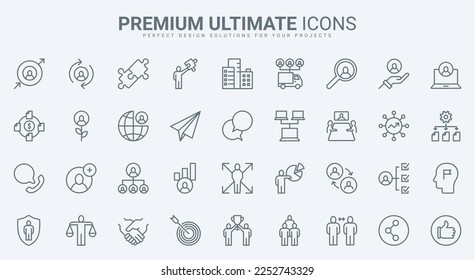 Business cooperation thin line icons set vector illustration. Outline human resource development, problem solving and company risk insurance, team building and management, leadership assistance